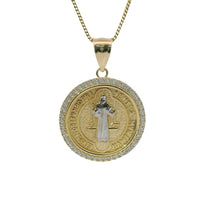 14KT Gold Charm Large Round Two Tone St Benedict Coin with White CZ Stones Border and Plain Bell
