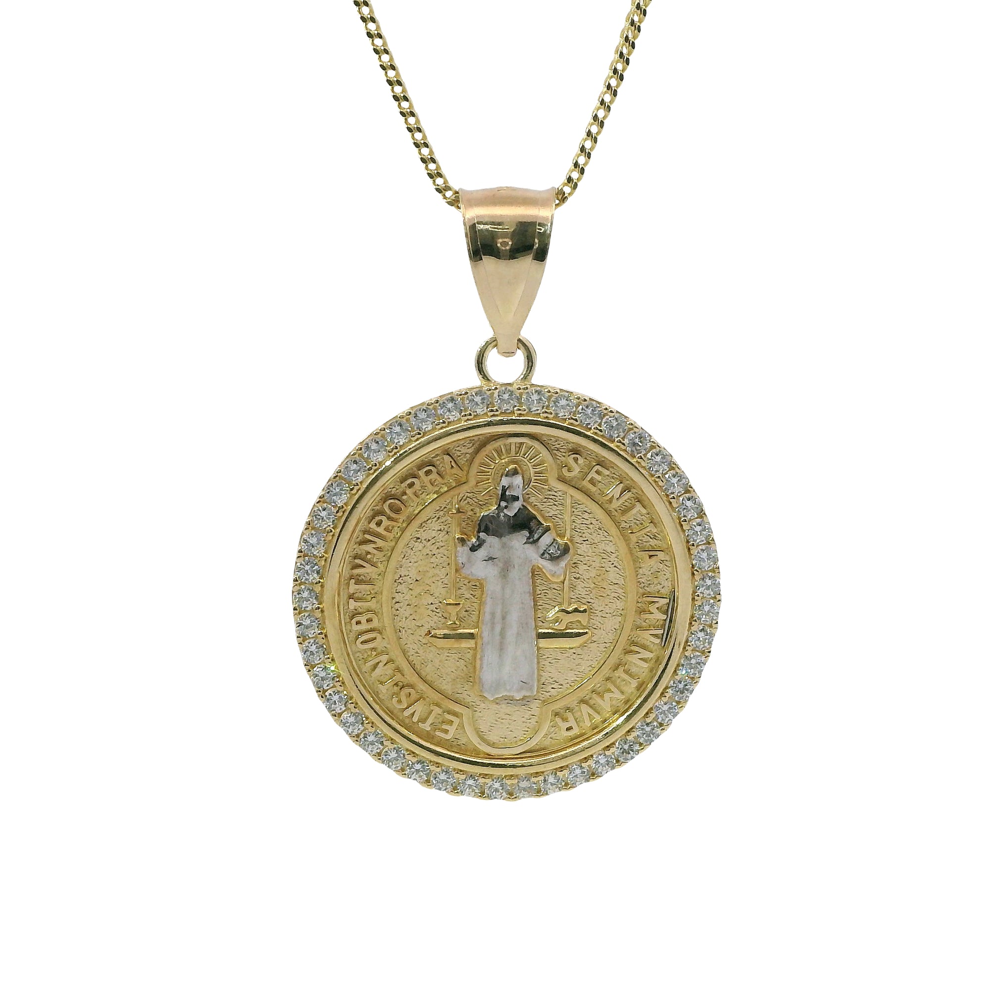 14KT Gold Charm Large Round Two Tone St Benedict Coin with White CZ Stones Border and Plain Bell