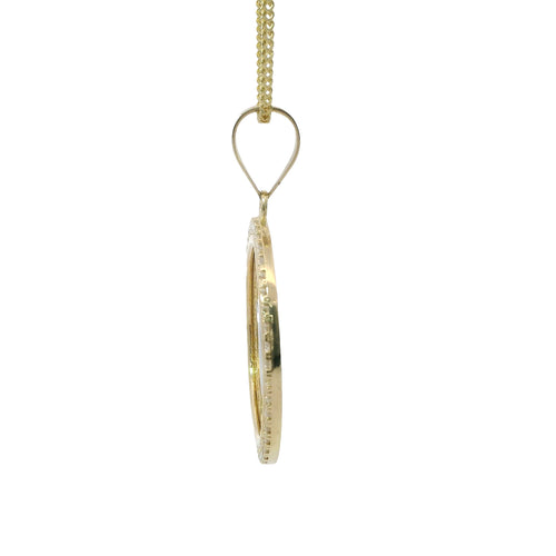 14KT Gold Charm Large Round Two Tone St Benedict Coin with White CZ Stones Border and Plain Bell