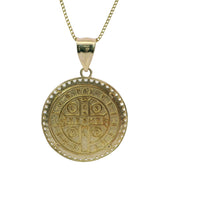 14KT Gold Charm Large Round Two Tone St Benedict Coin with White CZ Stones Border and Plain Bell