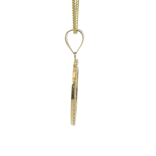 14KT Gold Charm Large Round Two Tone St Benedict Coin with White CZ Stones Border and Plain Bell