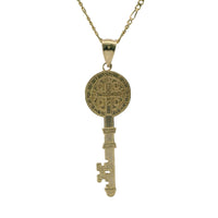 14KT Gold Charm Large Two Tone Key Shape St Benedict Coin with Plain Bell
