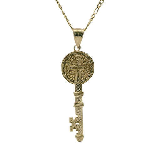 14KT Gold Charm Large Two Tone Key Shape St Benedict Coin with Plain Bell