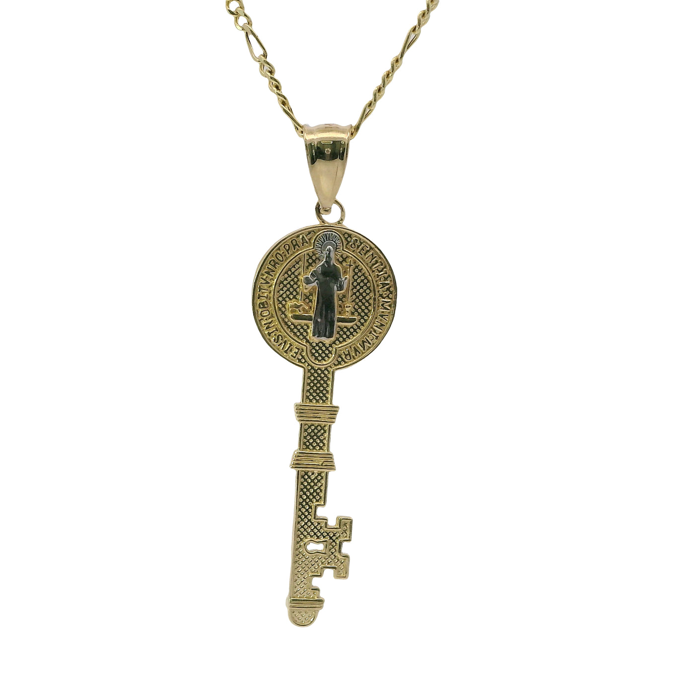 14KT Gold Charm Large Two Tone Key Shape St Benedict Coin with Plain Bell