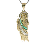 14KT Gold Charm Large St. Jude with White and Green CZ Baguette Stones Robe and Halo with Plain Bell