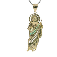 14KT Gold Charm Large St. Jude with White and Green CZ Baguette Stones Robe and Halo with Plain Bell