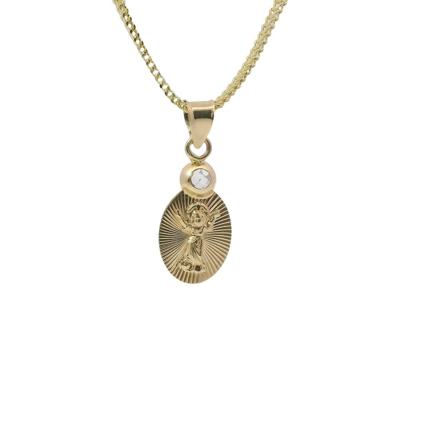 14KT Gold Charm Large Oval Flat Plain Sunray Background Angel Coin with White CZ Stone Top and Plain Bell