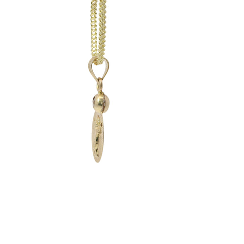 14KT Gold Charm Large Oval Flat Plain Sunray Background Angel Coin with White CZ Stone Top and Plain Bell