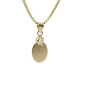 14KT Gold Charm Large Oval Flat Plain Sunray Background Angel Coin with White CZ Stone Top and Plain Bell