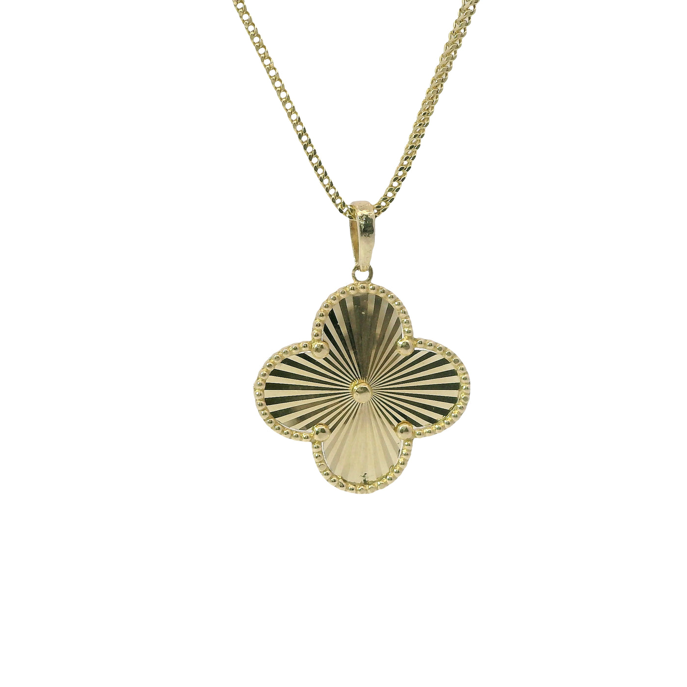 14KT Gold Charm Large Sunray Clover with Beaded Border and Center and Plain Bell
