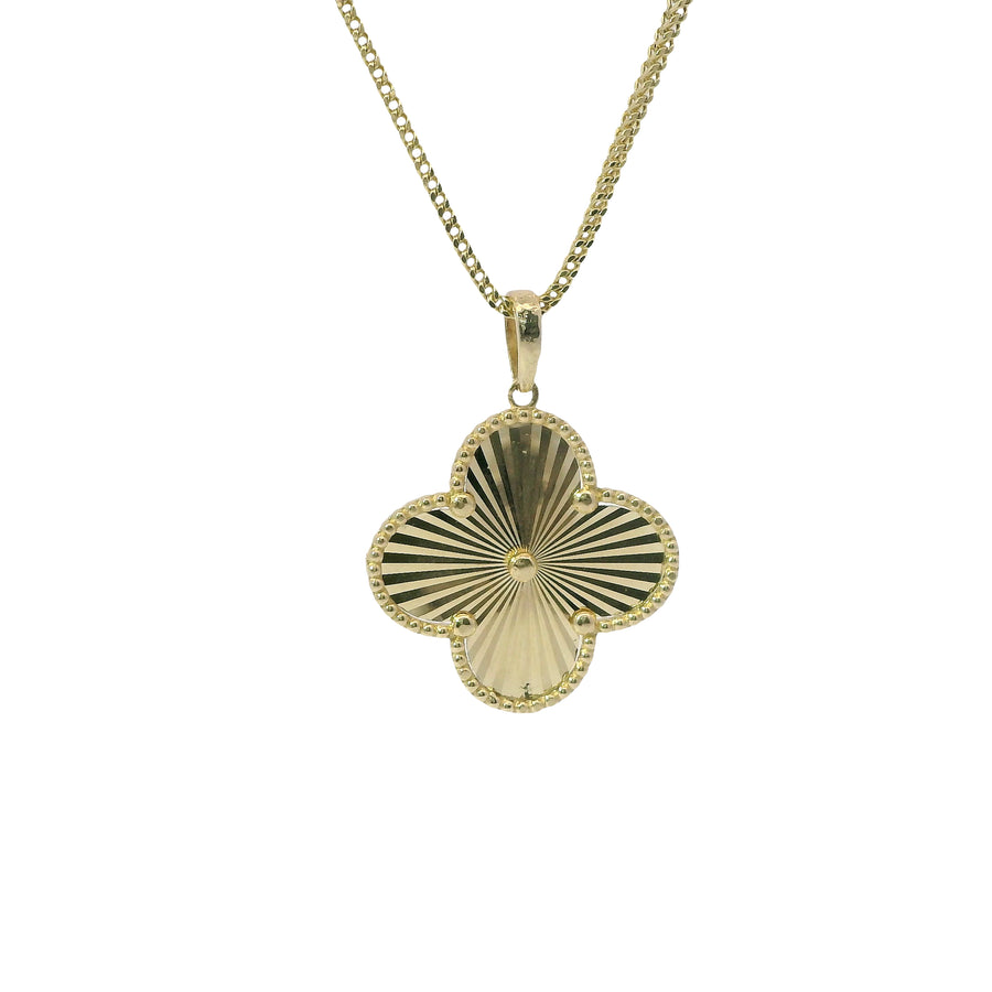 14KT Gold Charm Large Sunray Clover with Beaded Border and Center and Plain Bell