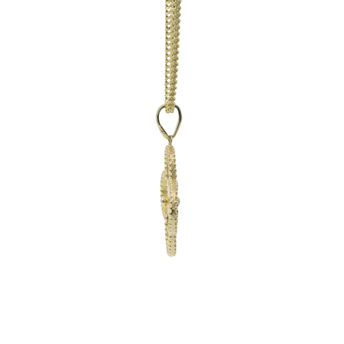 14KT Gold Charm Large Sunray Clover with Beaded Border and Center and Plain Bell