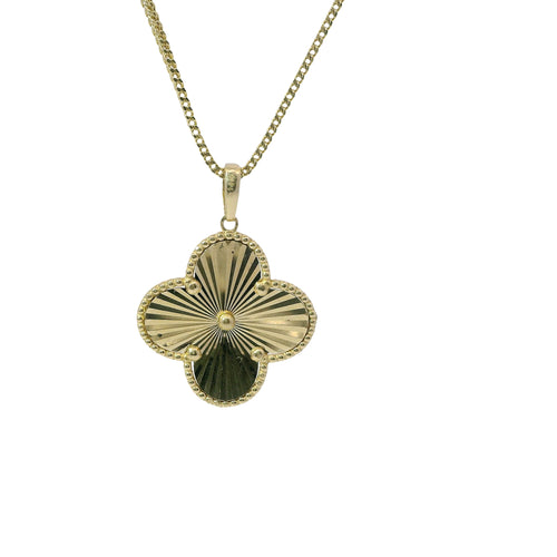 14KT Gold Charm Large Sunray Clover with Beaded Border and Center and Plain Bell