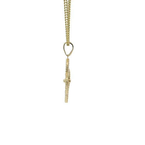 14KT Gold Charm Large Sunray Clover with Beaded Border and Center and Plain Bell