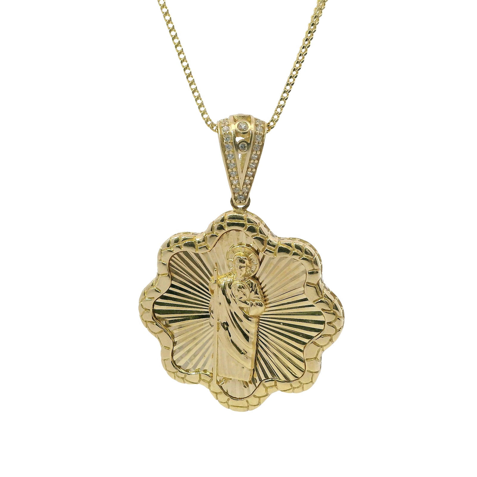 14KT Gold Charm Large Round Scallop St Jude Sunray Center with Nugget Border and White CZ Stones Edge and Bell