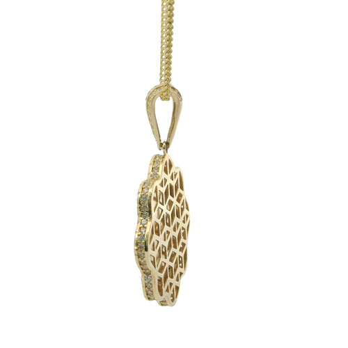 14KT Gold Charm Large Round Scallop St Jude Sunray Center with Nugget Border and White CZ Stones Edge and Bell