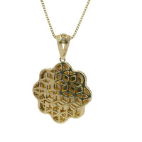 14KT Gold Charm Large Round Scallop St Jude Sunray Center with Nugget Border and White CZ Stones Edge and Bell