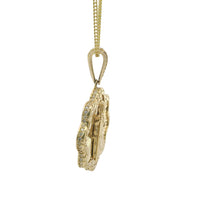 14KT Gold Charm Large Round Scallop St Jude Sunray Center with Nugget Border and White CZ Stones Edge and Bell