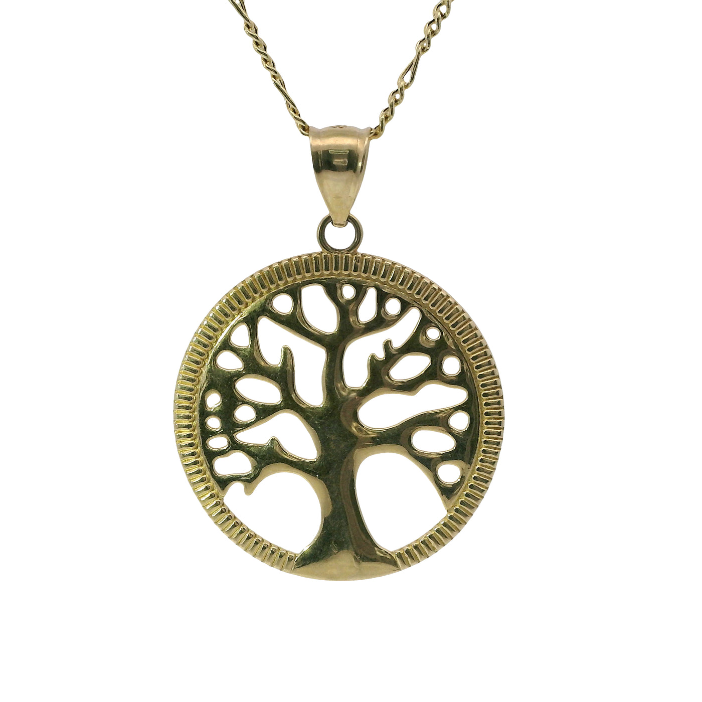 14KT Gold Charm Large Open Round Tree of Life with Currency Edge Border and Plain Bell
