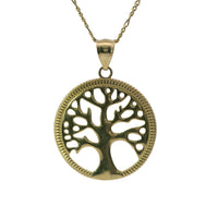14KT Gold Charm Large Open Round Tree of Life with Currency Edge Border and Plain Bell