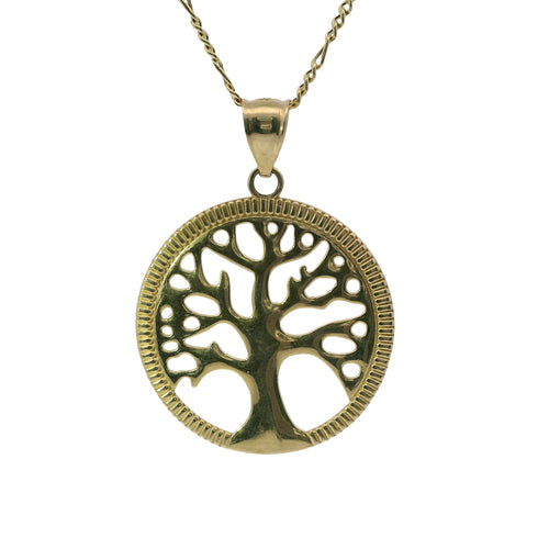 14KT Gold Charm Large Open Round Tree of Life with Currency Edge Border and Plain Bell