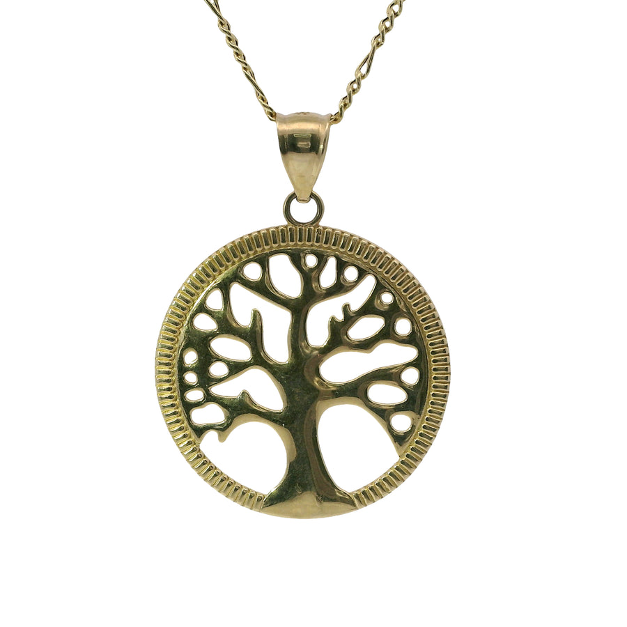 14KT Gold Charm Large Open Round Tree of Life with Currency Edge Border and Plain Bell