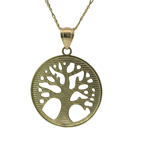 14KT Gold Charm Large Open Round Tree of Life with Currency Edge Border and Plain Bell