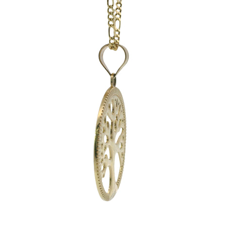 14KT Gold Charm Large Open Round Tree of Life with Currency Edge Border and Plain Bell