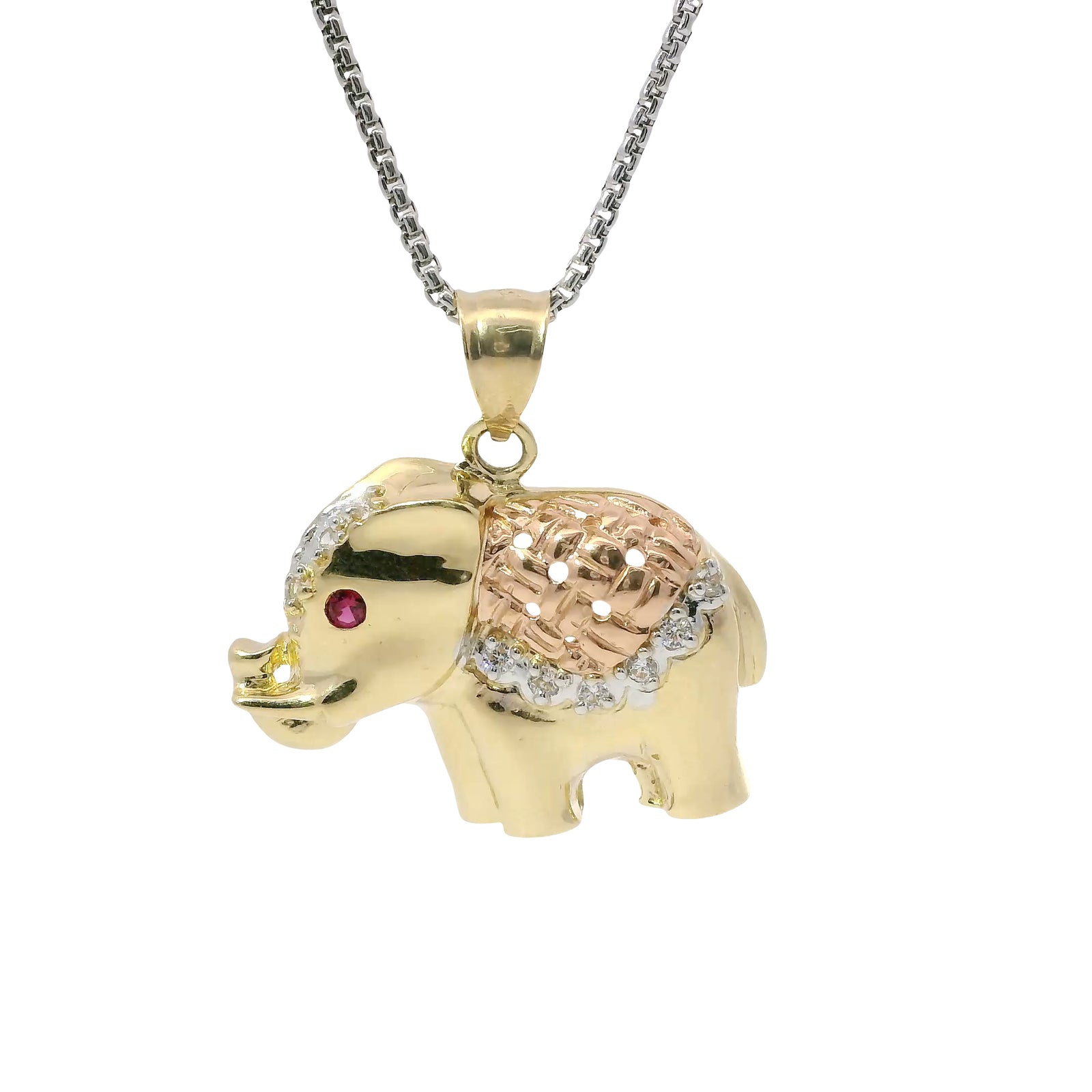14KT Gold Charm Large Tri Tone Elephant with Pink CZ Stone Eye and Diamond Cut Rose Gold Curved Blanket Plain Bell