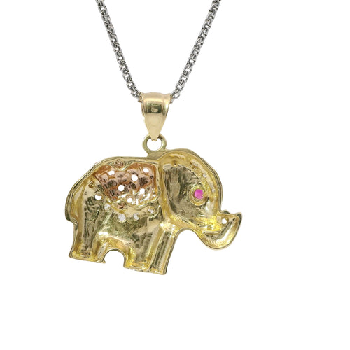 14KT Gold Charm Large Tri Tone Elephant with Pink CZ Stone Eye and Diamond Cut Rose Gold Curved Blanket Plain Bell