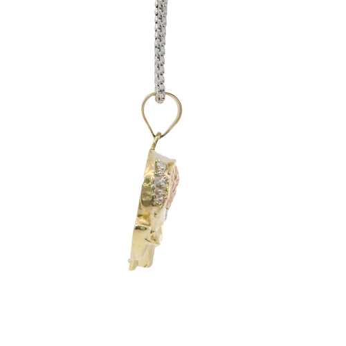 14KT Gold Charm Large Tri Tone Elephant with Pink CZ Stone Eye and Diamond Cut Rose Gold Curved Blanket Plain Bell