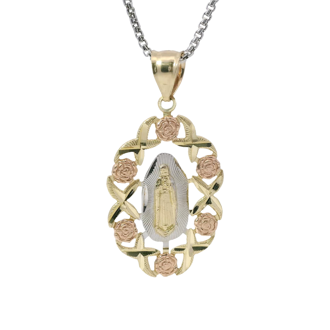 14KT Gold Charm Large Tri Tone Virgin Mary Center with Diamond Cut and Rose Border and Plain Bell