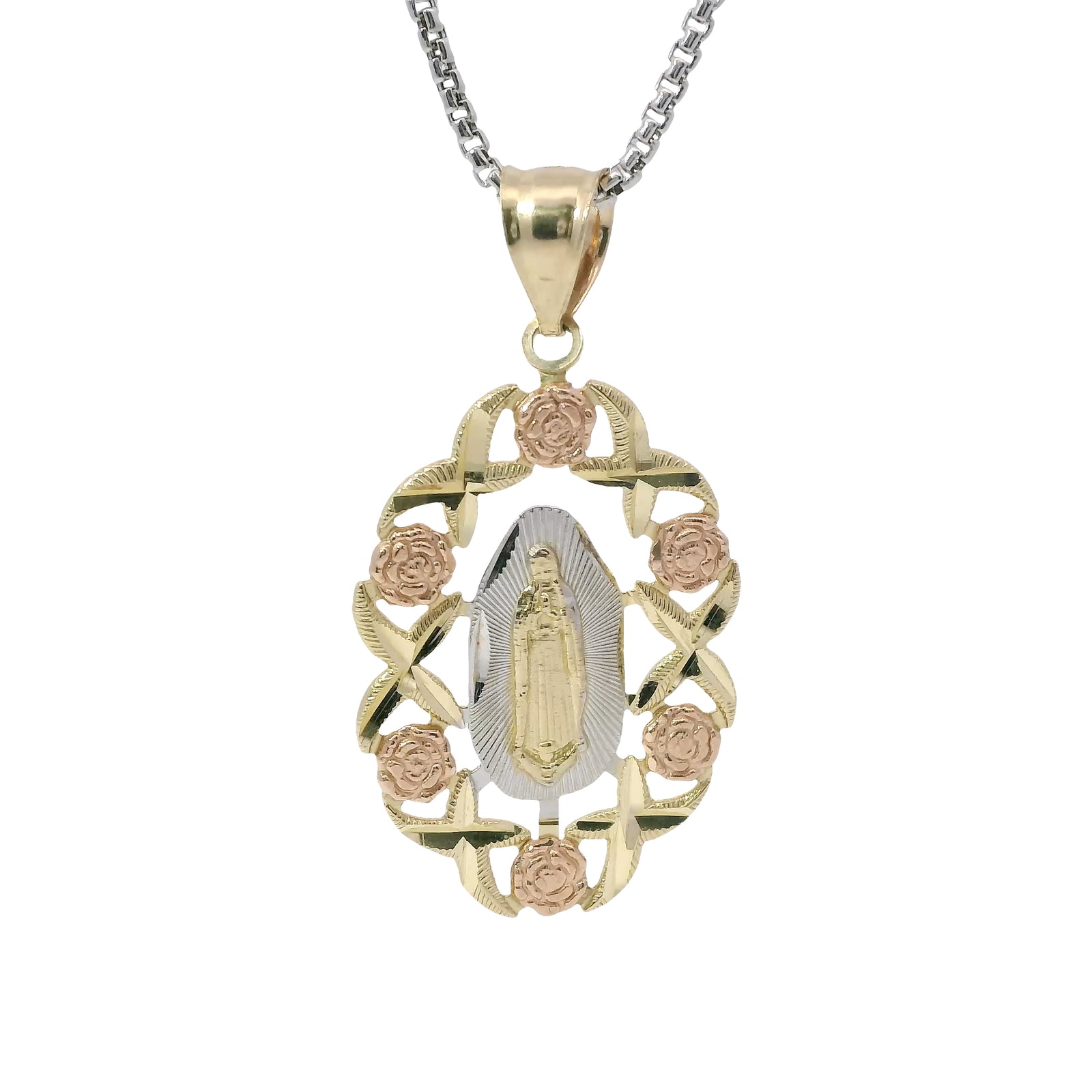 14KT Gold Charm Large Tri Tone Virgin Mary Center with Diamond Cut and Rose Border and Plain Bell
