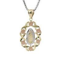 14KT Gold Charm Large Tri Tone Virgin Mary Center with Diamond Cut and Rose Border and Plain Bell