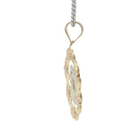14KT Gold Charm Large Tri Tone Virgin Mary Center with Diamond Cut and Rose Border and Plain Bell