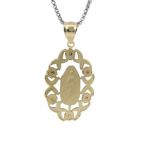 14KT Gold Charm Large Tri Tone Virgin Mary Center with Diamond Cut and Rose Border and Plain Bell