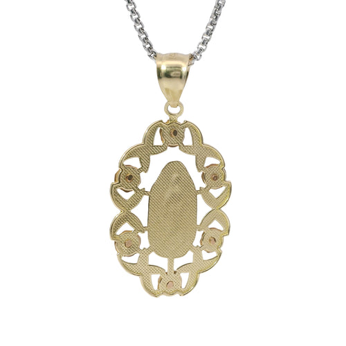 14KT Gold Charm Large Tri Tone Virgin Mary Center with Diamond Cut and Rose Border and Plain Bell