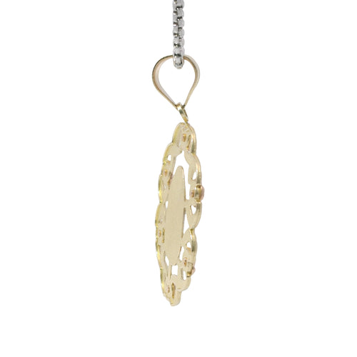 14KT Gold Charm Large Tri Tone Virgin Mary Center with Diamond Cut and Rose Border and Plain Bell