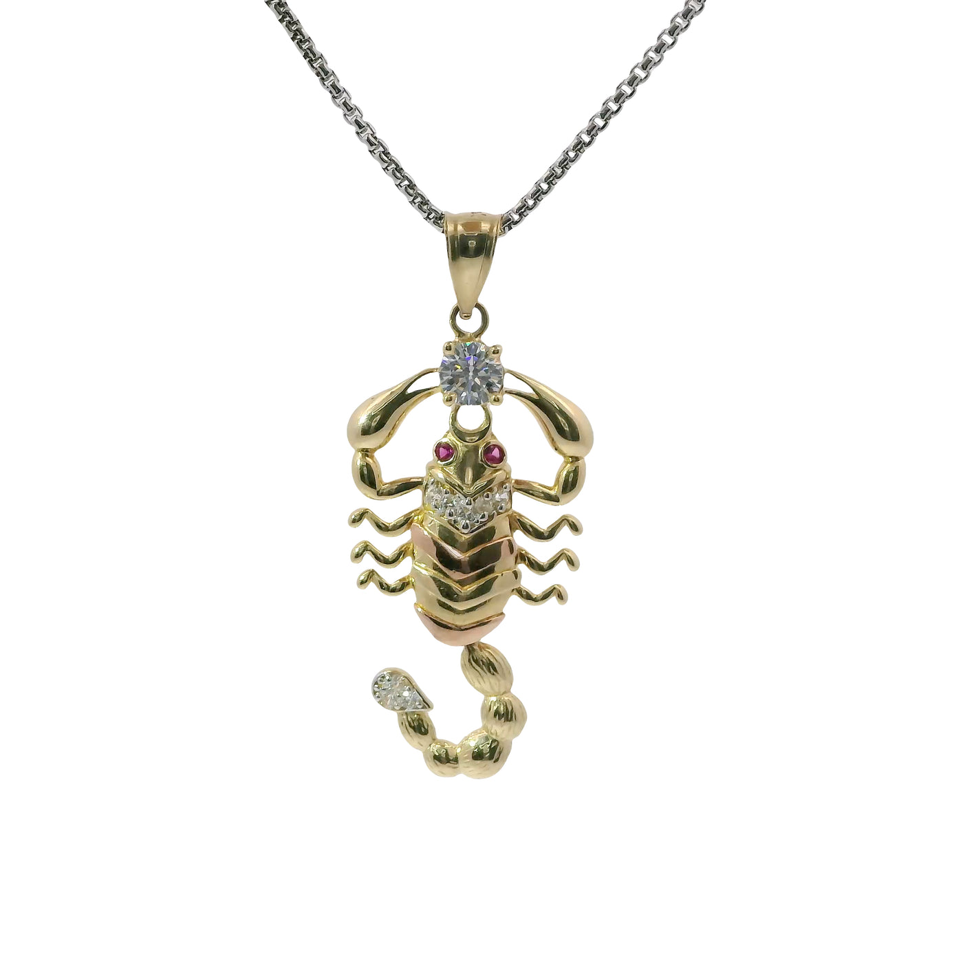 14KT Gold Charm Large Tri Tone Scorpion with Jointed Tail White CZ Stones Tail Tip Center Stone and Joint with Plain Bell