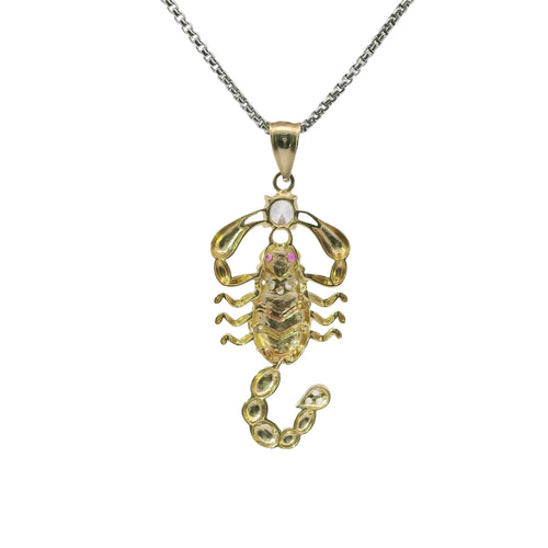 14KT Gold Charm Large Tri Tone Scorpion with Jointed Tail White CZ Stones Tail Tip Center Stone and Joint with Plain Bell