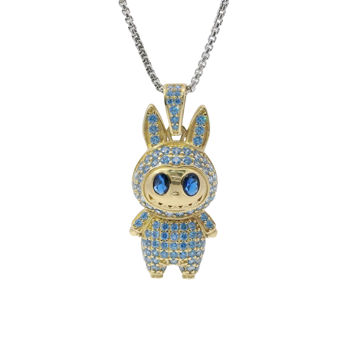 14KT Gold Charm Large 3D Flat Back LaBuBu Navy Blue Oval CZ Stones Eyes, Light Blue CZ Stones Body and Bell