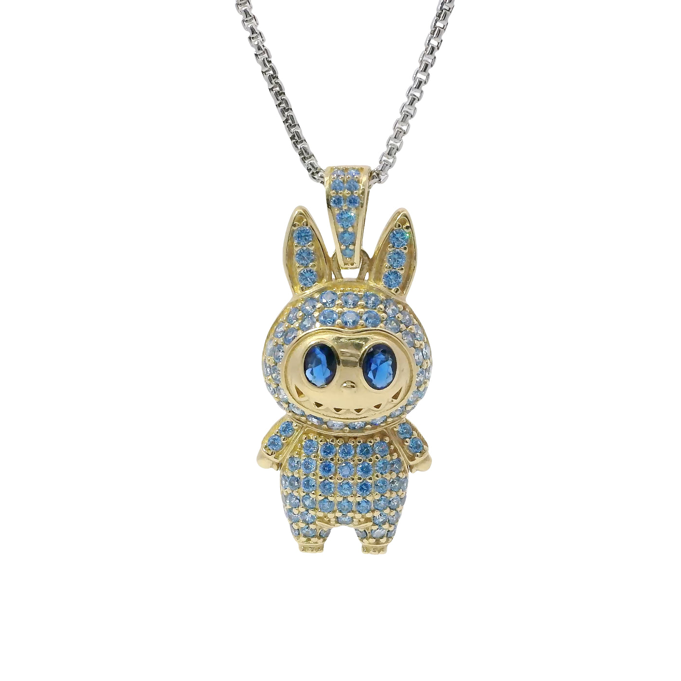 14KT Gold Charm Large 3D Flat Back LaBuBu Navy Blue Oval CZ Stones Eyes, Light Blue CZ Stones Body and Bell