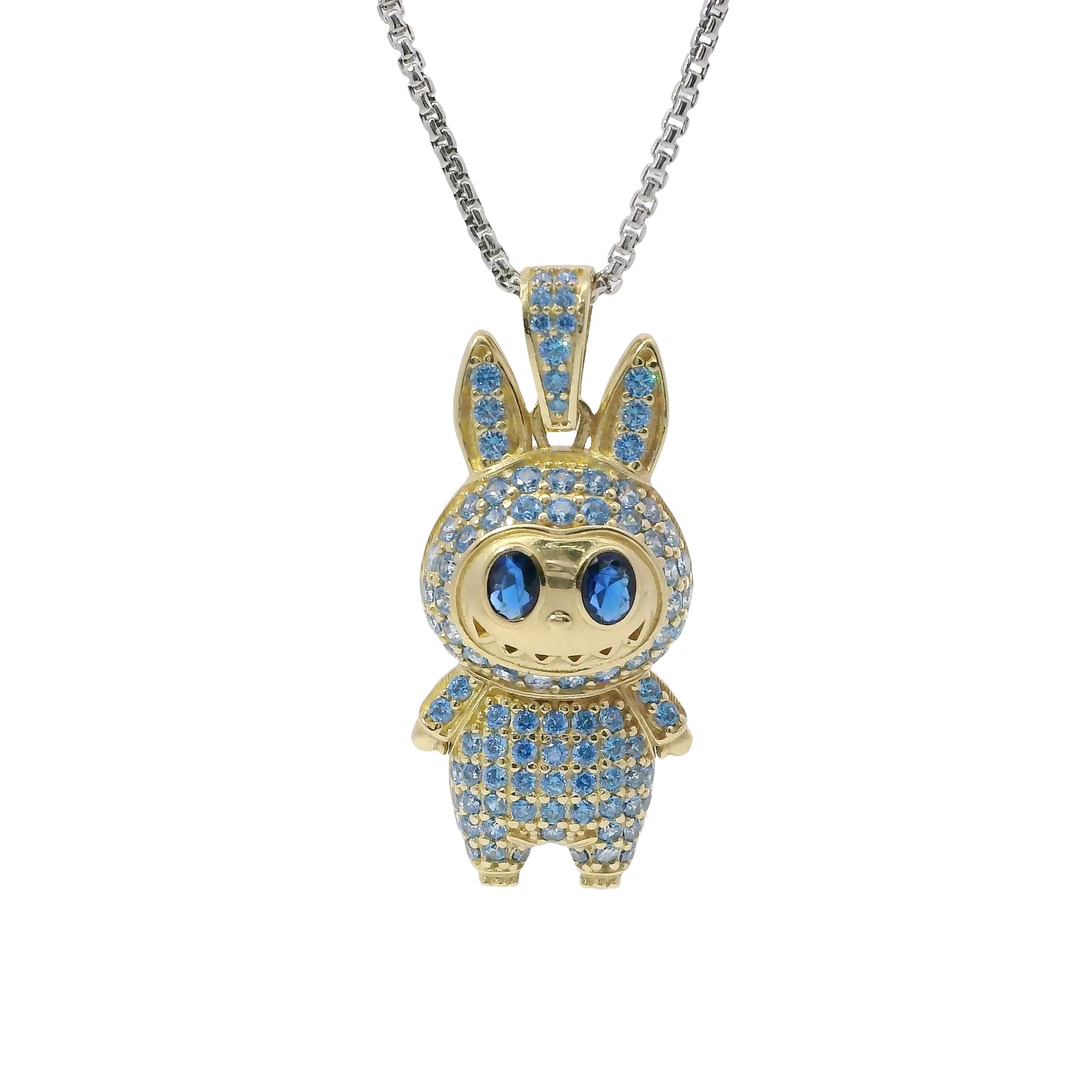 14KT Gold Charm Large 3D Flat Back LaBuBu Navy Blue Oval CZ Stones Eyes, Light Blue CZ Stones Body and Bell