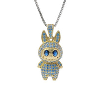 14KT Gold Charm Large 3D Flat Back LaBuBu Navy Blue Oval CZ Stones Eyes, Light Blue CZ Stones Body and Bell