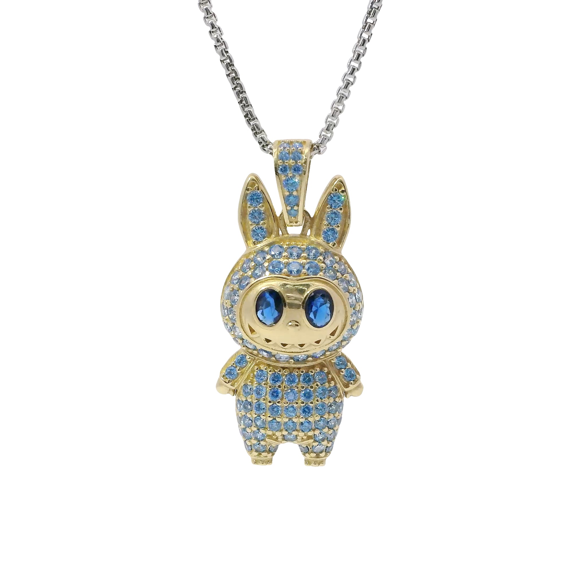 14KT Gold Charm Large 3D Flat Back LaBuBu Navy Blue Oval CZ Stones Eyes, Light Blue CZ Stones Body and Bell