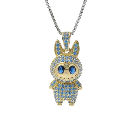14KT Gold Charm Large 3D Flat Back LaBuBu Navy Blue Oval CZ Stones Eyes, Light Blue CZ Stones Body and Bell