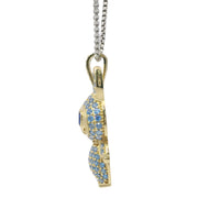14KT Gold Charm Large 3D Flat Back LaBuBu Navy Blue Oval CZ Stones Eyes, Light Blue CZ Stones Body and Bell