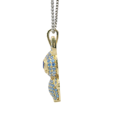 14KT Gold Charm Large 3D Flat Back LaBuBu Navy Blue Oval CZ Stones Eyes, Light Blue CZ Stones Body and Bell