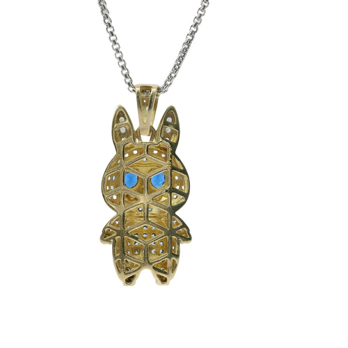 14KT Gold Charm Large 3D Flat Back LaBuBu Navy Blue Oval CZ Stones Eyes, Light Blue CZ Stones Body and Bell