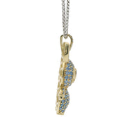 14KT Gold Charm Large 3D Flat Back LaBuBu Navy Blue Oval CZ Stones Eyes, Light Blue CZ Stones Body and Bell